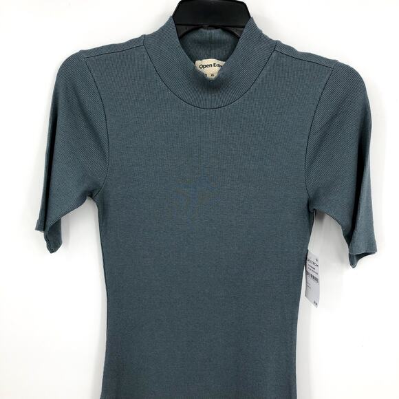 OPEN EDIT Women's Mock Neck Rib Midi Dress in Blue Weather XS Short Sleeve NWT - Picture 3 of 10